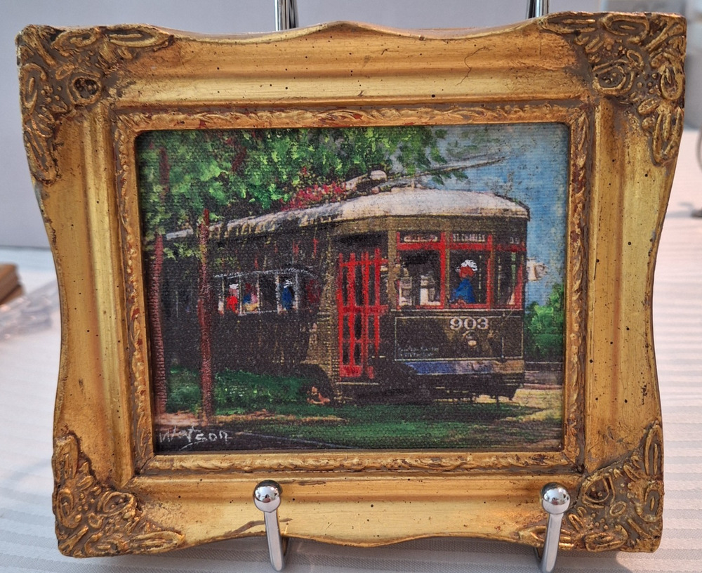 Vintage New Orleans St Charles Streetcar 903 Miniature Oil Painting Gold Frame